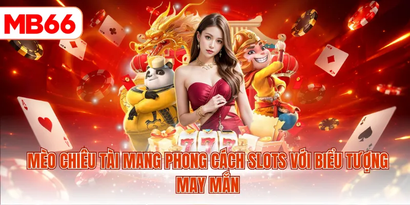 Mèo chiêu tài mang phong cách slots với biểu tượng may mắn